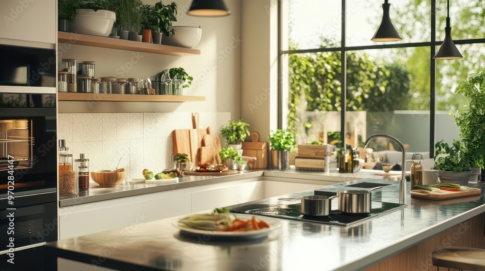 A modern kitchen where a family is joyfully cooking together, sharing stories, and creating memories A modern kitchen where a family is joyfully cooking together, sharing stories, and creating memories