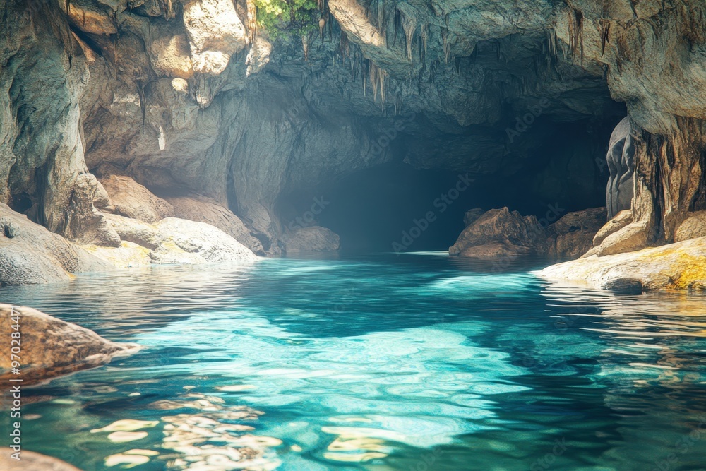 Fototapeta premium Digital Escape: Pixelated Cave with Underground River and Serene Open Water Area for Copy Space
