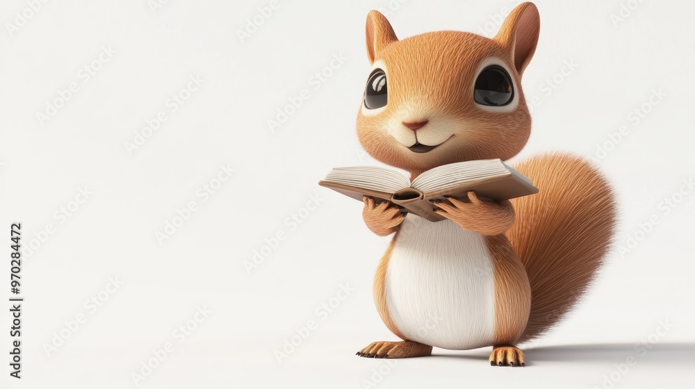 Fototapeta premium A cute cartoon squirrel holding an open book, showcasing a playful and educational theme.