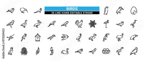 36 Bird Line Icons Set Pack Editable Stroke Vector Illustration.
