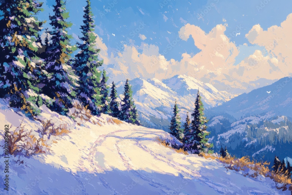 Retro 8-Bit Winter Wonderland: Snow-Covered Mountain Trail with Trees and Copy Space Background Retro 8-Bit Winter Wonderland: Snow-Covered Mountain Trail with Trees and Copy Space Background