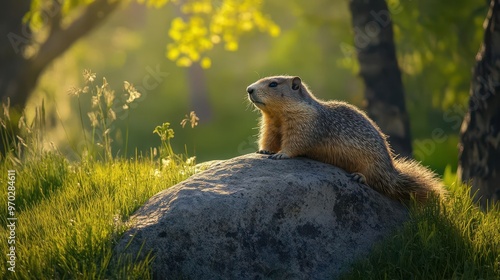 A marmot basking on a sunwarmed rock, the golden hour light casting soft shadows, surrounded by lush green grass, sideangle shot with a natural landscape backdrop photo