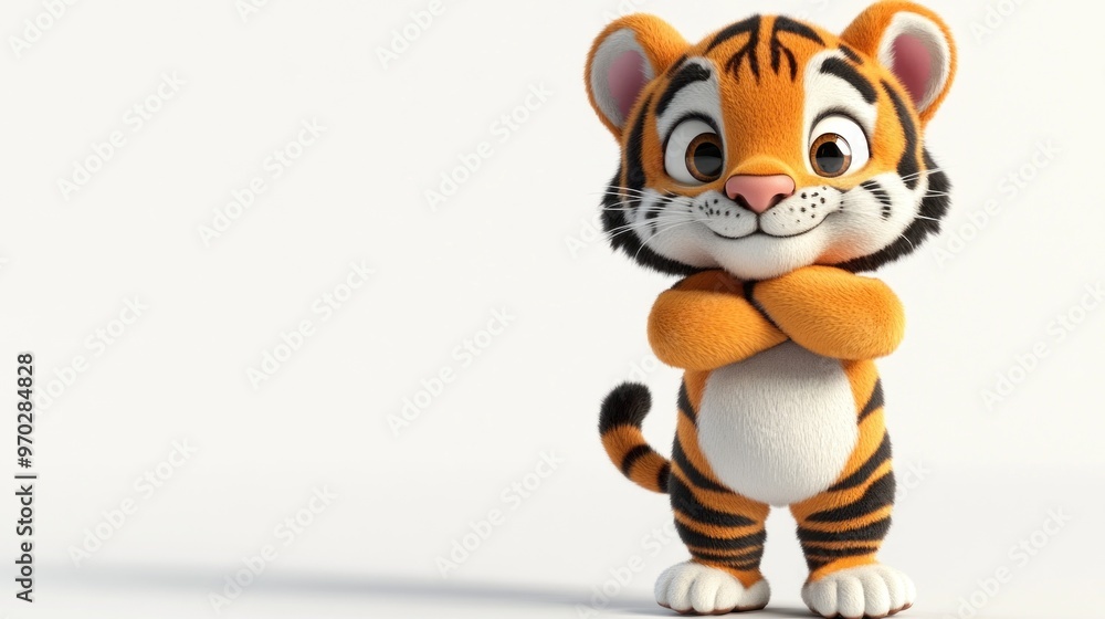 A cute cartoon tiger character stands confidently with arms crossed, showcasing a playful design. A cute cartoon tiger character stands confidently with arms crossed, showcasing a playful design.