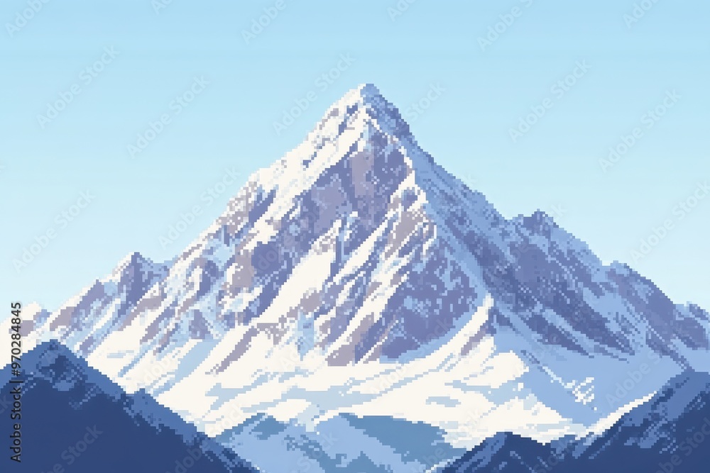 Digital Art of Pixelated Snowy Mountain with Glacial Peak Against Clear Sky for Copy Space. Digital Art of Pixelated Snowy Mountain with Glacial Peak Against Clear Sky for Copy Space.