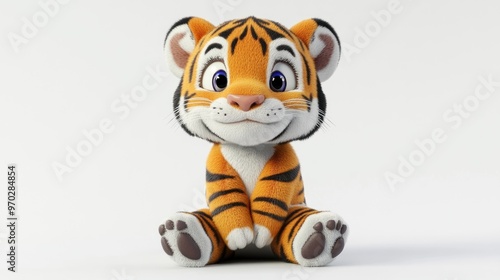 A cute cartoon tiger character sitting, showcasing a friendly and playful expression.