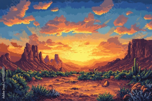 Digital Desert Oasis: Pixelated Sunset Landscape with Clear Sky Copy Space