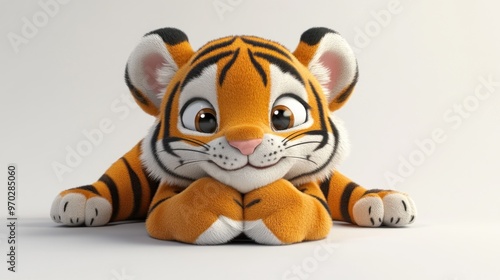 A cute cartoon tiger cub lying down with a playful expression.