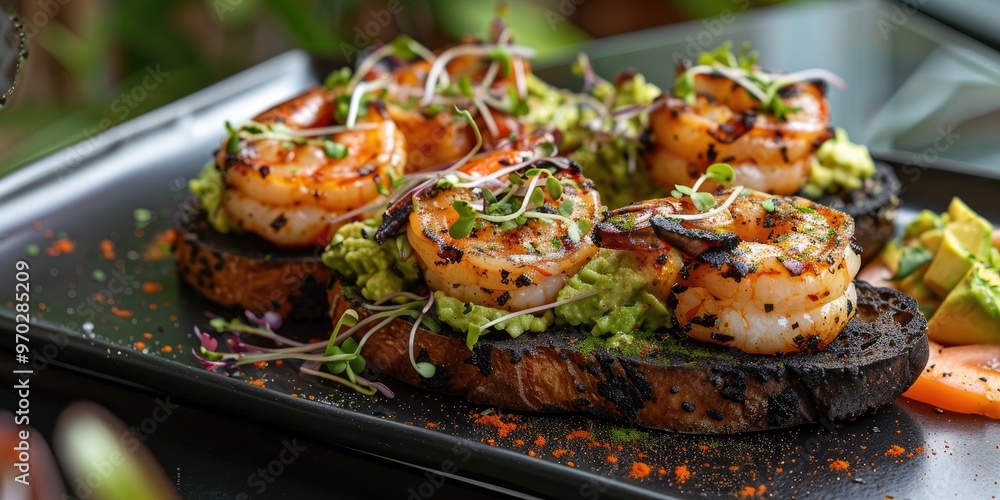 Al fresco dining featuring blackened shrimp atop avocado toast served on an elegant dark plate. Al fresco dining featuring blackened shrimp atop avocado toast served on an elegant dark plate.