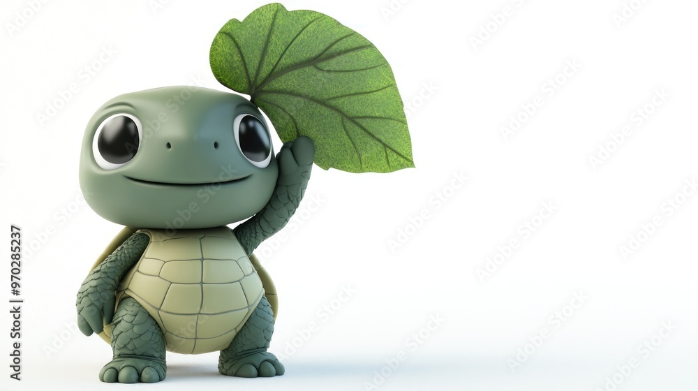 Fototapeta premium A cute cartoon turtle holding a large leaf, exuding a playful and friendly vibe.