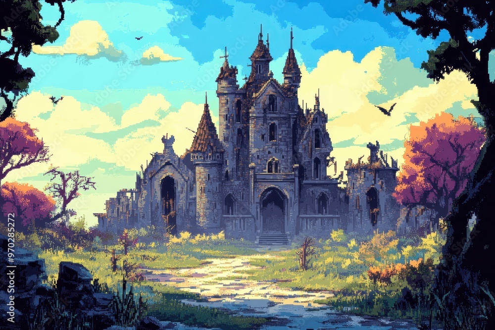 Eerie Pixelated Abandoned Castle in Clear Sky - Fantasy Concept with Broken Towers for Design Copy Space Eerie Pixelated Abandoned Castle in Clear Sky - Fantasy Concept with Broken Towers for Design Copy Space
