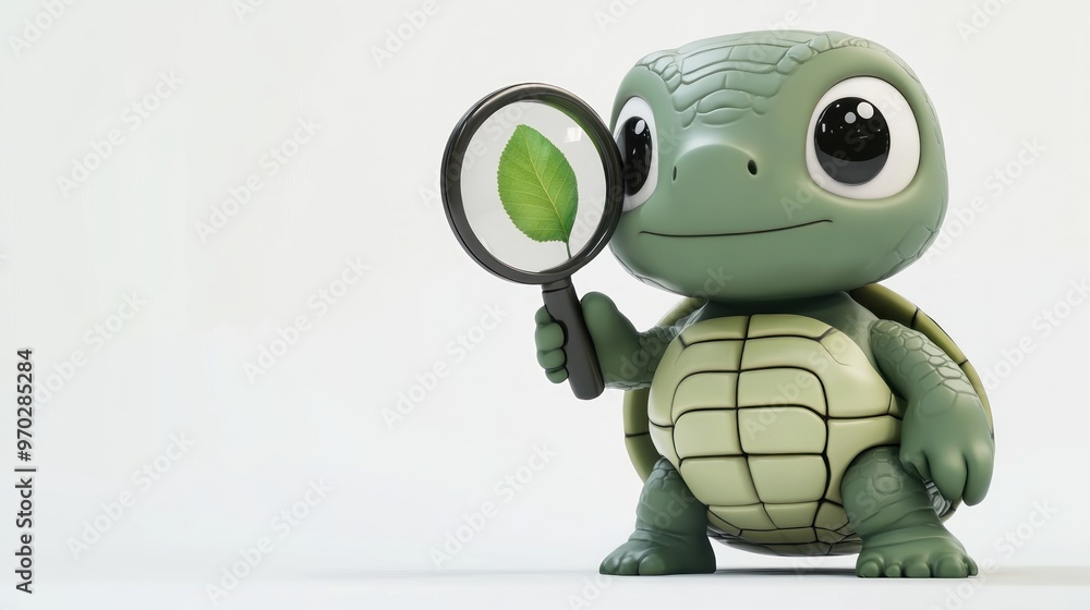 Obraz premium A cute cartoon turtle holding a magnifying glass, examining a leaf.