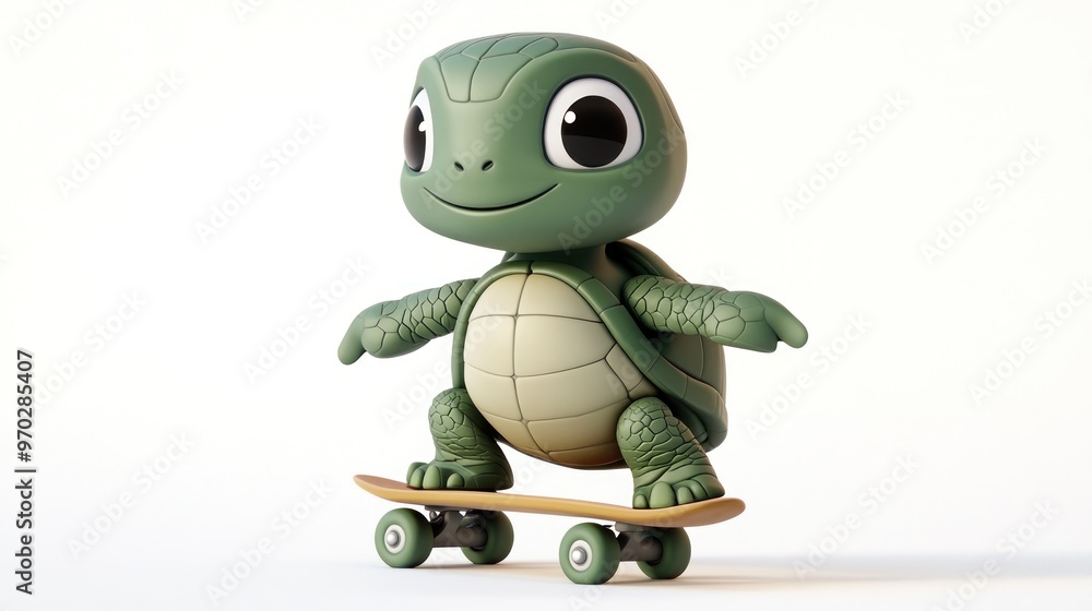 A cute cartoon turtle skateboarding with a joyful expression. A cute cartoon turtle skateboarding with a joyful expression.