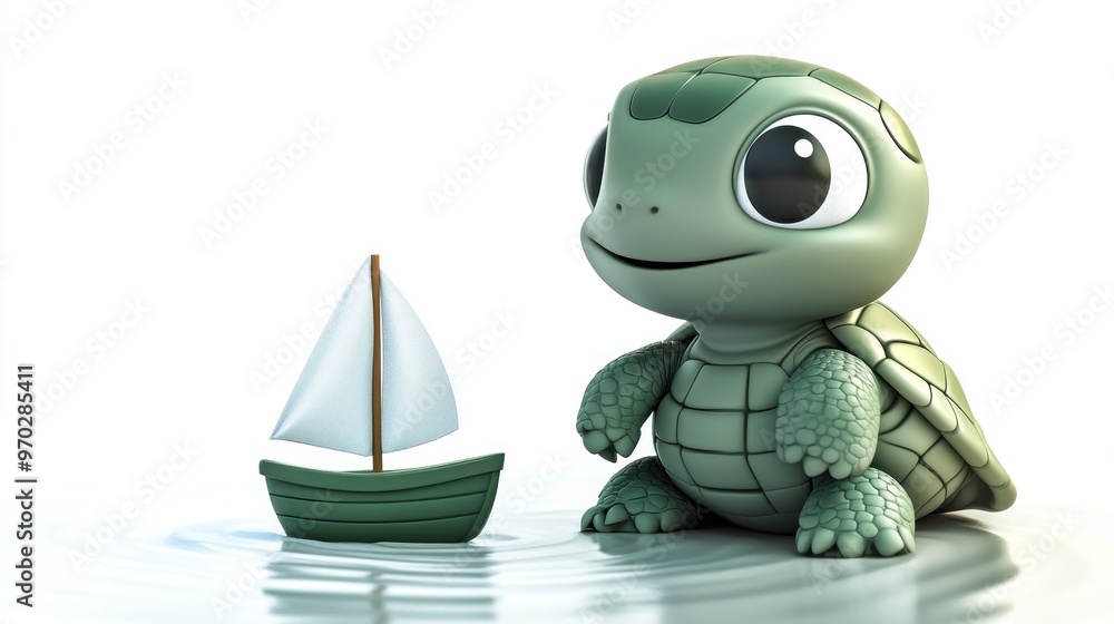 A cute cartoon turtle smiling beside a small sailboat on water. A cute cartoon turtle smiling beside a small sailboat on water.