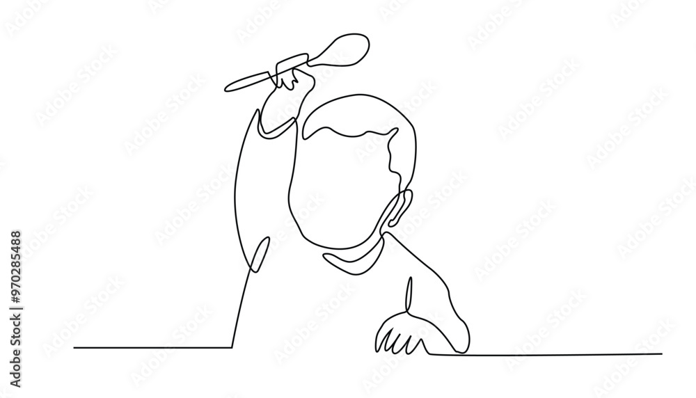 continuous line drawing of hungry toddler.one line drawing of toddler lifting a feeding spoon.line art of healthy toddler .isolated white background continuous line drawing of hungry toddler.one line drawing of toddler lifting a feeding spoon.line art of healthy toddler .isolated white background