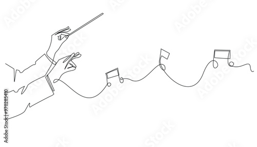 continuous line drawing of orchestra conductor.single line drawing of orchestra leader's hand holding baton.single line drawing of conductor directing music instruments.