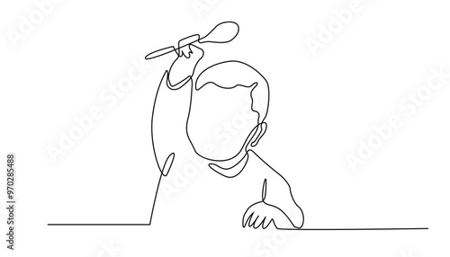 continuous line drawing of hungry toddler.one line drawing of toddler lifting a feeding spoon.line art of healthy toddler .isolated white background