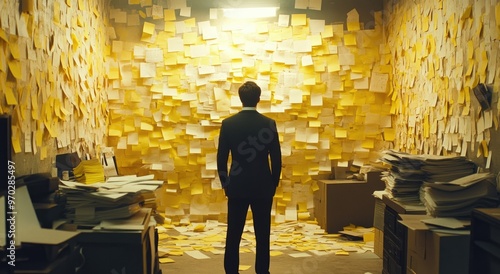 A businessman stands in a cluttered office with a wall covered in sticky notes, representing the overwhelming amount of tasks and ideas that come with his job.