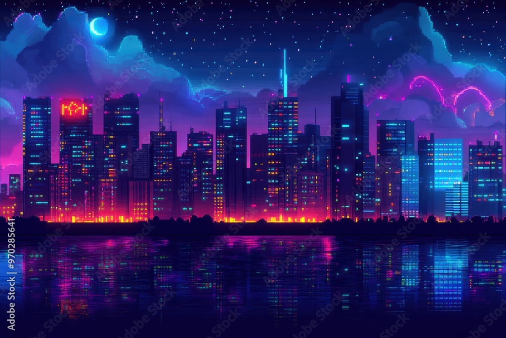 Fototapeta premium Vibrant Retro Pixel Cityscape with Neon Signs on Night Sky Background for Copy Space