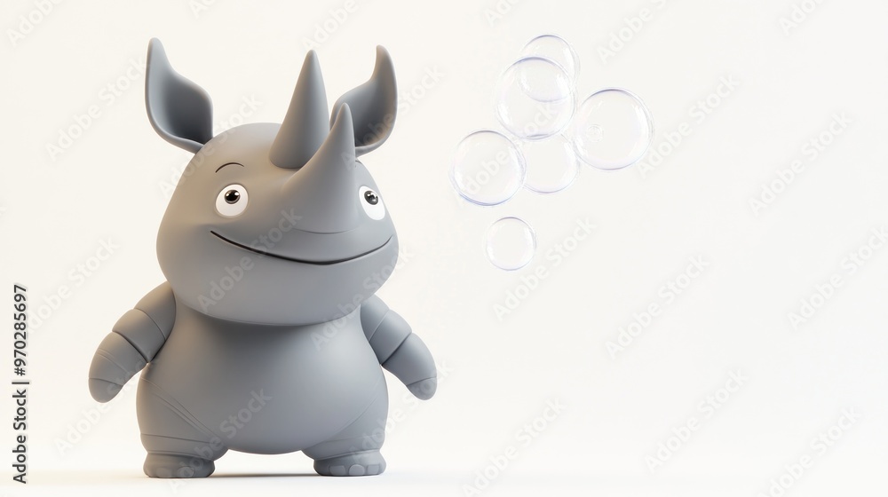 A cute gray cartoon rhinoceros smiling and surrounded by floating bubbles. A cute gray cartoon rhinoceros smiling and surrounded by floating bubbles.