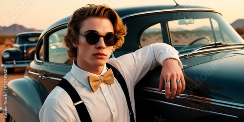 Fashion portrait of a stylish boy wearing sunglasses and a bow tie. The scene captures a sunset in a desert landscape with cars (15)