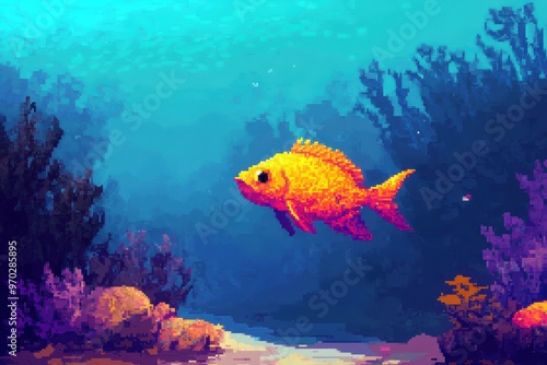 Glowing Pixelated Ocean Depths with Illuminated Fish, Open Water Copy Space