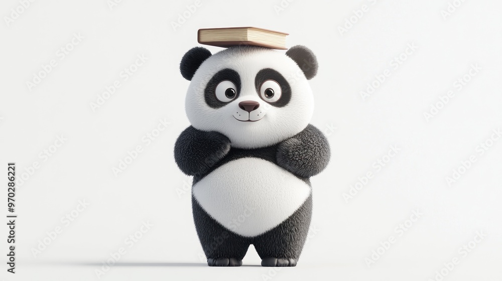 Obraz premium A cute panda character balancing a book on its head, symbolizing learning and playfulness.