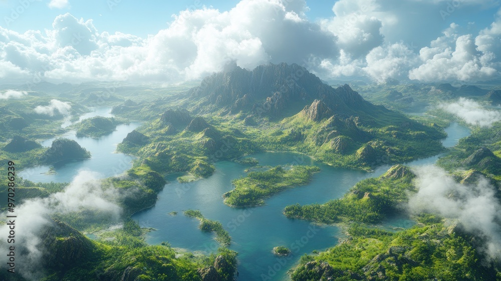 Aerial View of a Mountainous Landscape with Winding Lakes and Clouds Aerial View of a Mountainous Landscape with Winding Lakes and Clouds