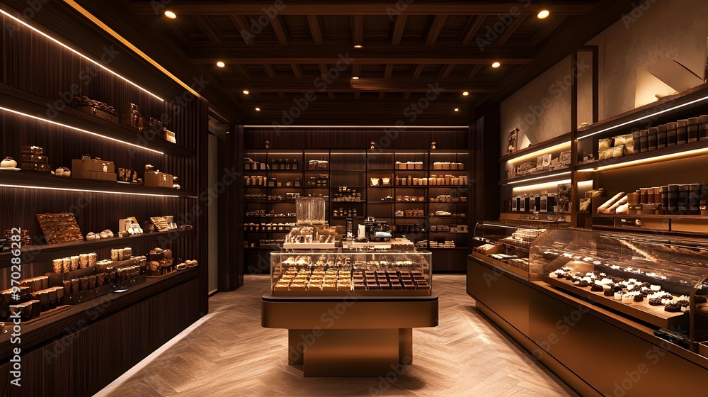 A chocolate shop interior with warm lighting, shelves lined with chocolate bars and truffles, and a chocolate-making station in the center A chocolate shop interior with warm lighting, shelves lined with chocolate bars and truffles, and a chocolate-making station in the center