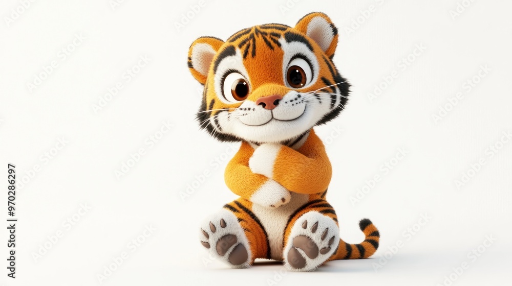 A cute plush tiger toy with big eyes and a friendly expression, sitting and hugging itself. A cute plush tiger toy with big eyes and a friendly expression, sitting and hugging itself.