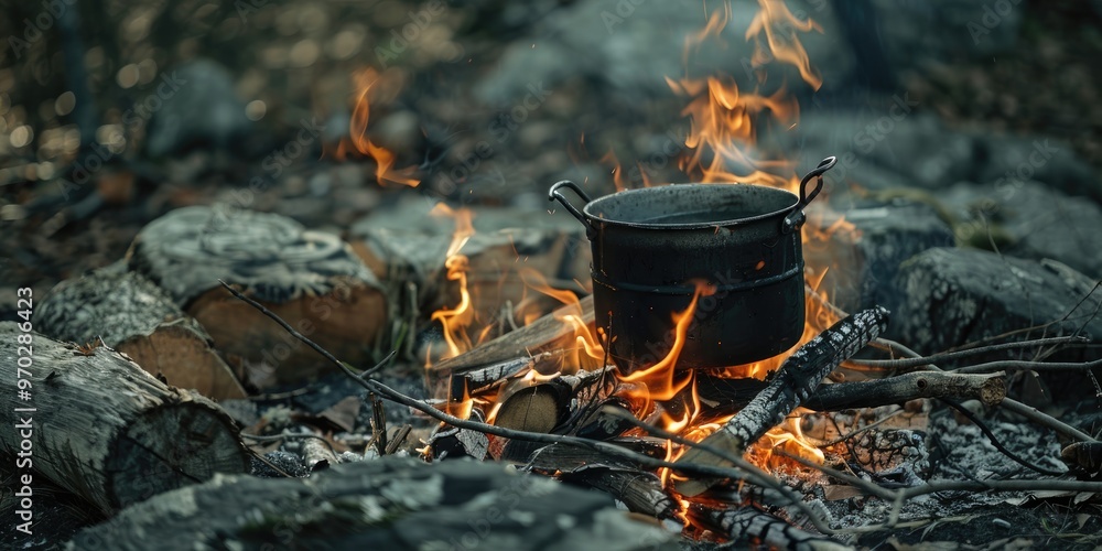 A pot simmering over a crackling campfire with flames dancing in the heat Wood burns down to ash and charcoal creating a cozy outdoor ambiance ideal for gatherings A pot simmering over a crackling campfire with flames dancing in the heat Wood burns down to ash and charcoal creating a cozy outdoor ambiance ideal for gatherings