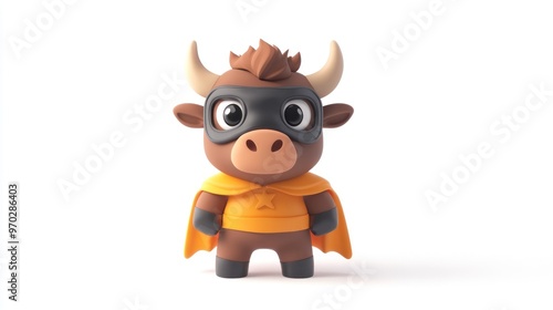 A cute superhero cow figure with a mask and cape, designed for playful appeal.