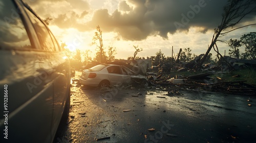 A storm-ravaged neighborhood, trees uprooted, crushing cars, shattered roofs, debris scattered everywhere, a scene of utter devastation and chaos, dark clouds overhead photo