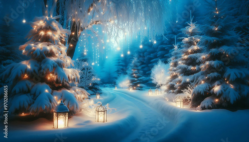 A winter scene featuring a snow covered path winding through a forest adorned with frosted evergreens