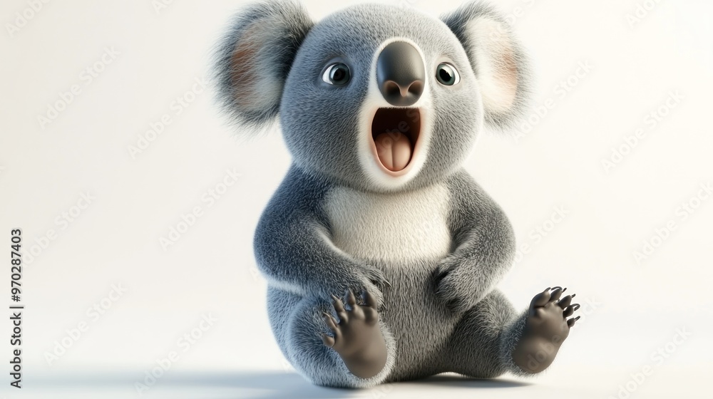 Fototapeta premium A cute, animated koala with a surprised expression, sitting and opening its mouth wide.