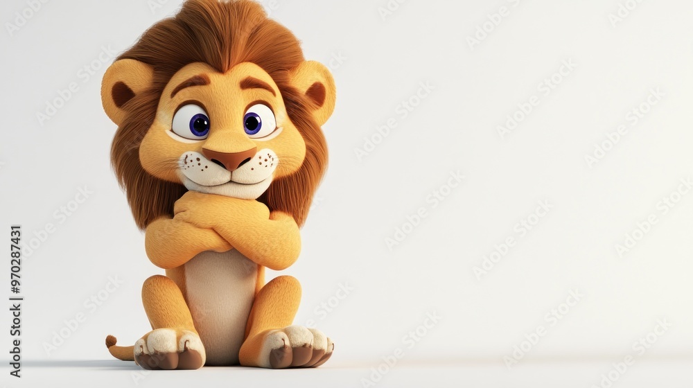 Fototapeta premium A cute, animated lion character sitting with a playful expression.