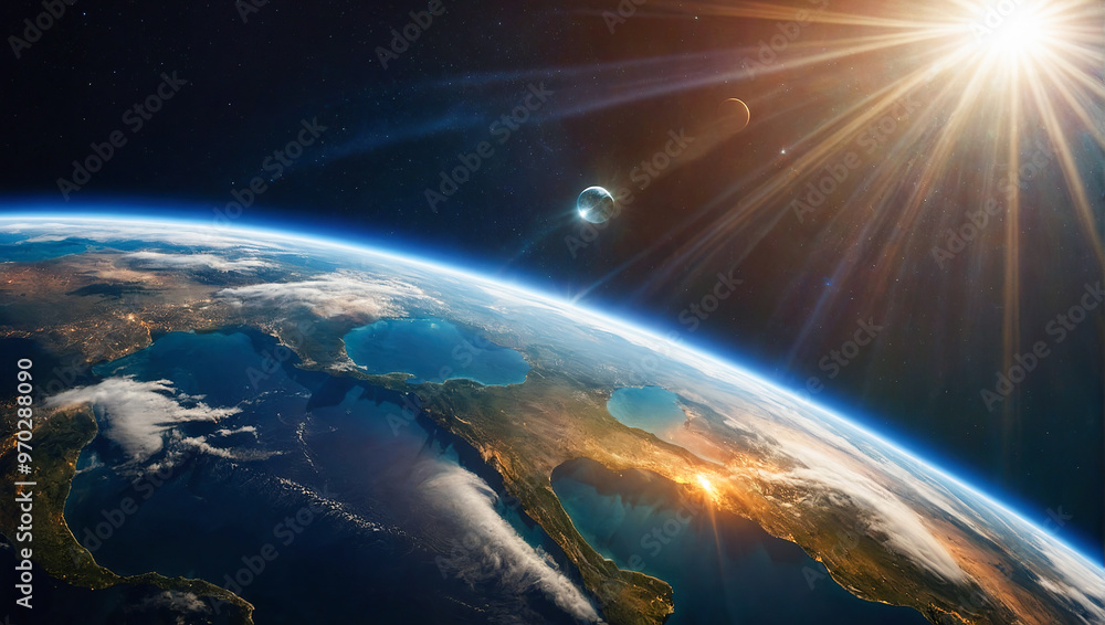 Fototapeta premium The Earth with a radiant sun and distant planets, viewed from space