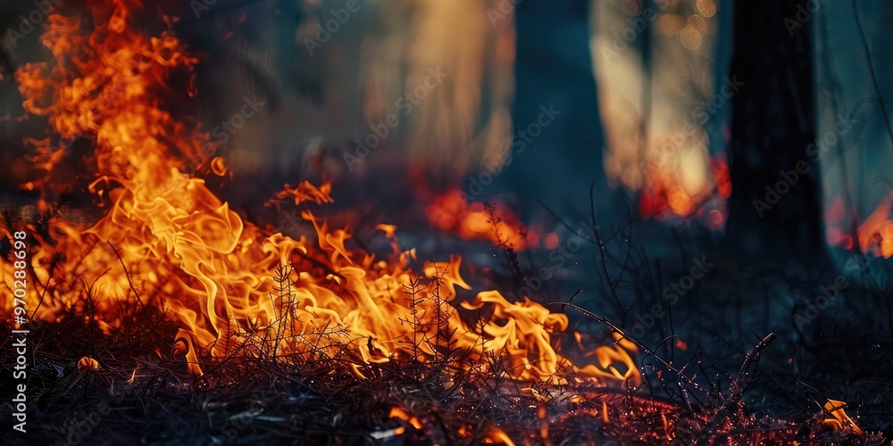 Close up of a forest wildfire during daytime with selective focus Close up of a forest wildfire during daytime with selective focus