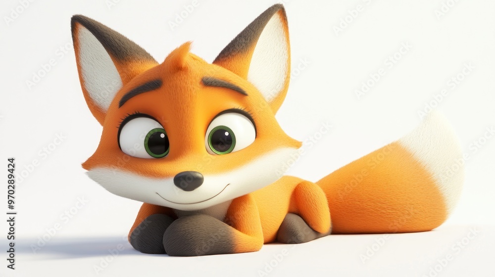 A cute, cartoonish fox character with a friendly expression, lying down playfully. A cute, cartoonish fox character with a friendly expression, lying down playfully.