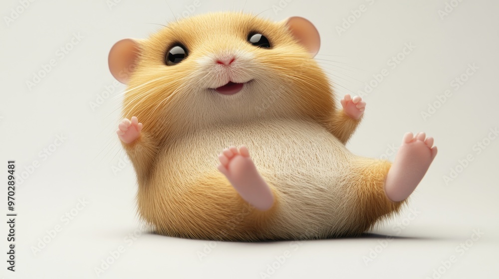 A cute, cartoonish hamster lying on its back, exuding a joyful expression. A cute, cartoonish hamster lying on its back, exuding a joyful expression.
