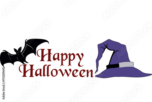 happy Halloween bat and Witcher hat design vector,illustration of a halloween witch,design vector for template and poster background 