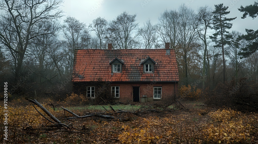 An isolated house amidst fallen trees, roof partly caved in from storm impact, scattered branches, overcast sky, eerie quietness after destruction An isolated house amidst fallen trees, roof partly caved in from storm impact, scattered branches, overcast sky, eerie quietness after destruction