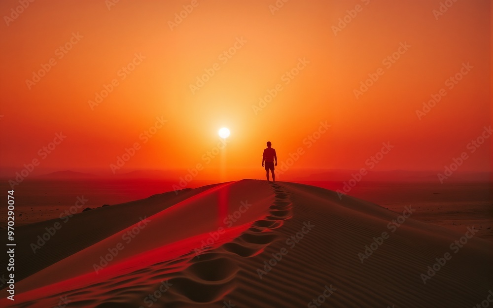 A solitary figure walks along the crest of a sand dune, bathed in the warm, vivid hues of a desert sunset. The scene portrays solitude and the vastness of nature. A solitary figure walks along the crest of a sand dune, bathed in the warm, vivid hues of a desert sunset. The scene portrays solitude and the vastness of nature.