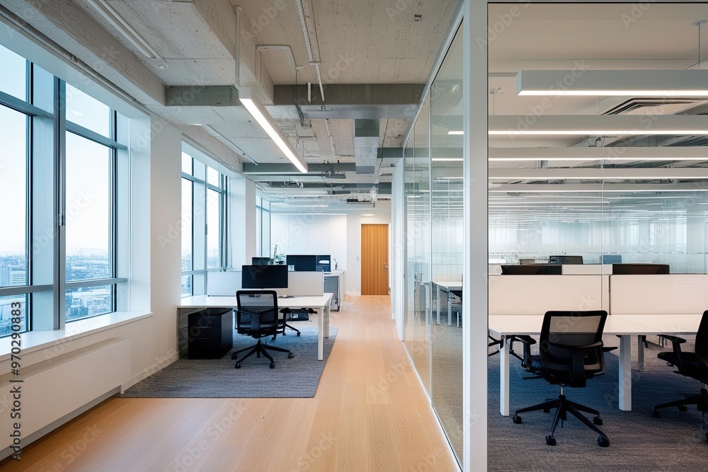 Bright Open Office Space Featuring Refreshing Soft-Focus Modern Design and Clear Views Bright Open Office Space Featuring Refreshing Soft-Focus Modern Design and Clear Views