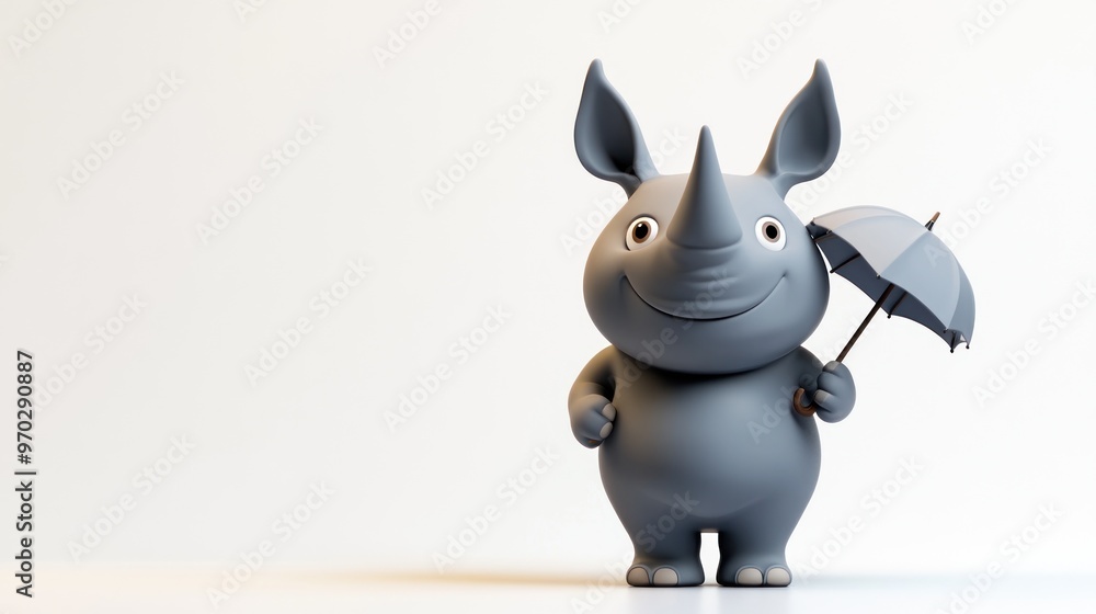 A cute, cartoonish rhinoceros holding an umbrella against a plain background. A cute, cartoonish rhinoceros holding an umbrella against a plain background.