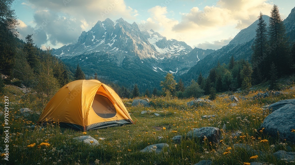 A serene campsite with a yellow tent in a mountainous landscape. A serene campsite with a yellow tent in a mountainous landscape.