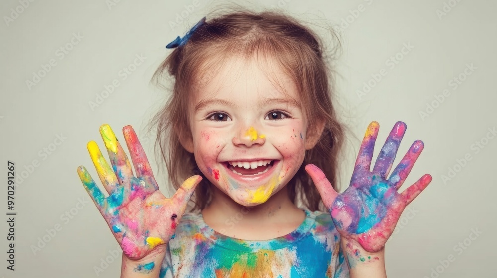 A cheerful child is having fun with bright paint, showcasing colorful handprints and a radiant smile on their face A cheerful child is having fun with bright paint, showcasing colorful handprints and a radiant smile on their face