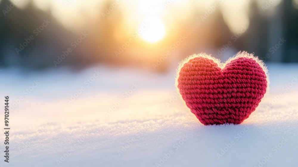 A vibrant red heart made of yarn sits on the soft white snow as the sun sets, casting warm light over the tranquil winter scene A vibrant red heart made of yarn sits on the soft white snow as the sun sets, casting warm light over the tranquil winter scene