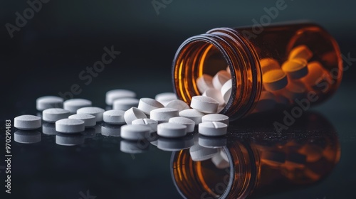 Transparent Bottle with White Medication Tablets on Dark Background