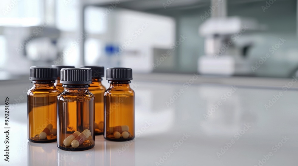 Amber Pharmaceutical Glass Bottles and Vials in Medical Laboratory Setting Amber Pharmaceutical Glass Bottles and Vials in Medical Laboratory Setting