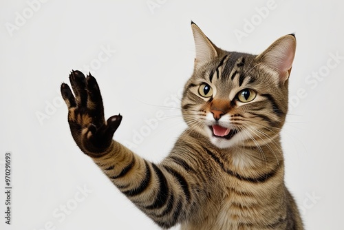 Cheerful Tabby Cat High Fiving Against Bright White Background photo